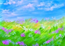 Tranquil meadow painting print of original 2.5x3.5 ACEO pink flowers miniature