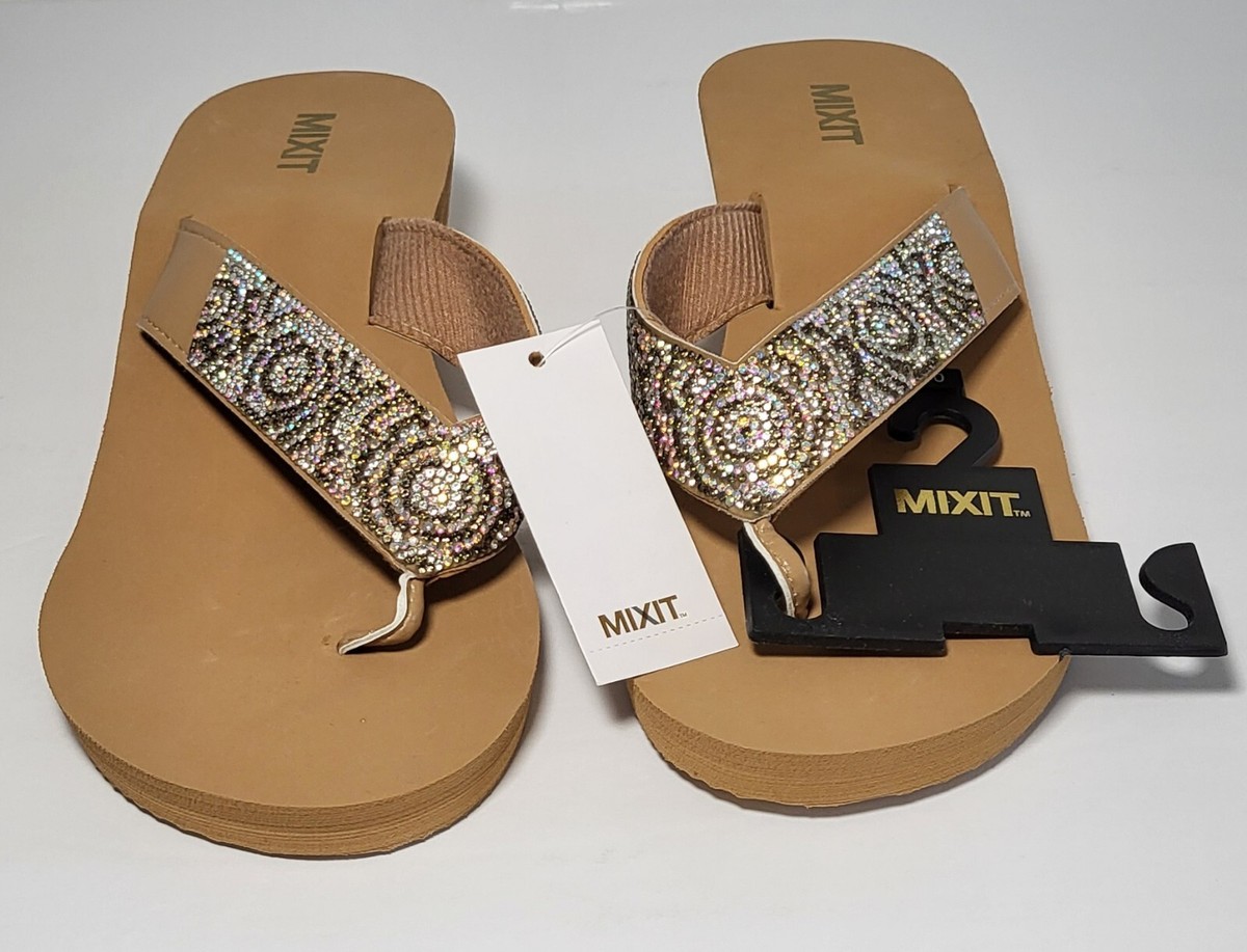 MIXIT Women's T-Strap Beaded Accent Flip Flop Wedge Sandals Pecan