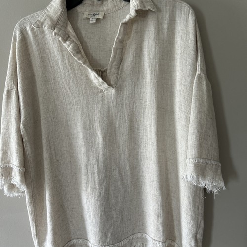 Top Umgee misto lino maniche corte boho grezzo lui orli taglia S taglio boxy farina d'avena - Foto 2 di 12
