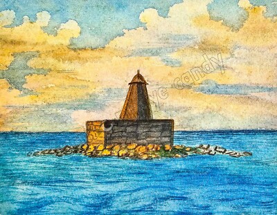 Ocean Lighthouse Stone Wall & Sunset Art DIGITAL DOWNLOAD Print at Home Décor