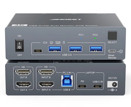 Dual Monitor KVM Switch for Laptop & Desktop 4K@60Hz, USB C HDMI 2 COMPUTERS
