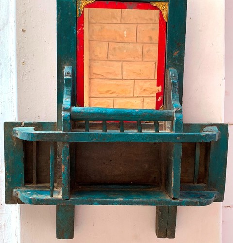 Espejo de vestidor de madera antiguo colgante pared azul pintado antiguo marco indio decoración - Imagen 4 de 11