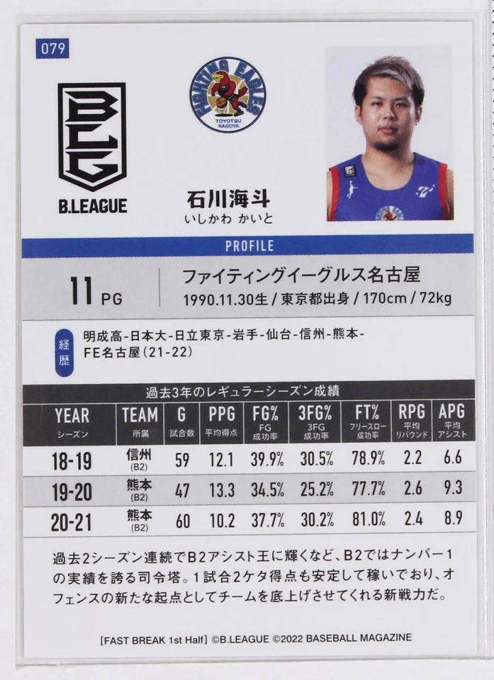 Kaito Ishikawa (FIGHTING EAGLES) -2022 B.LEAGUE Basketball Trading Card 1st Half - Image 3 of 3