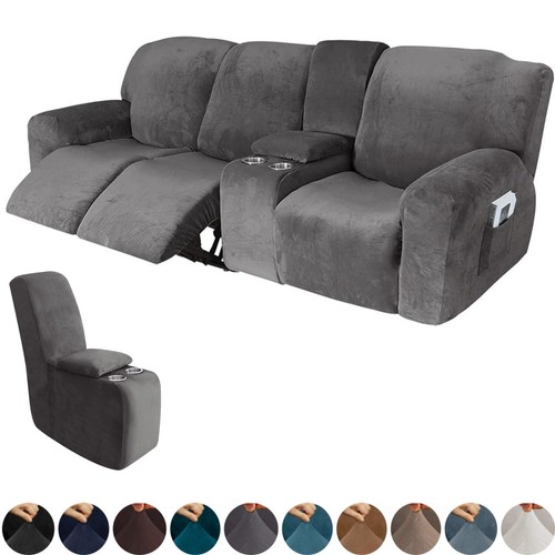 Stretch Velvet 3-Seater Recliner Sofa Covers Middle Console Slipcover 10-Piece - Picture 15 of 21