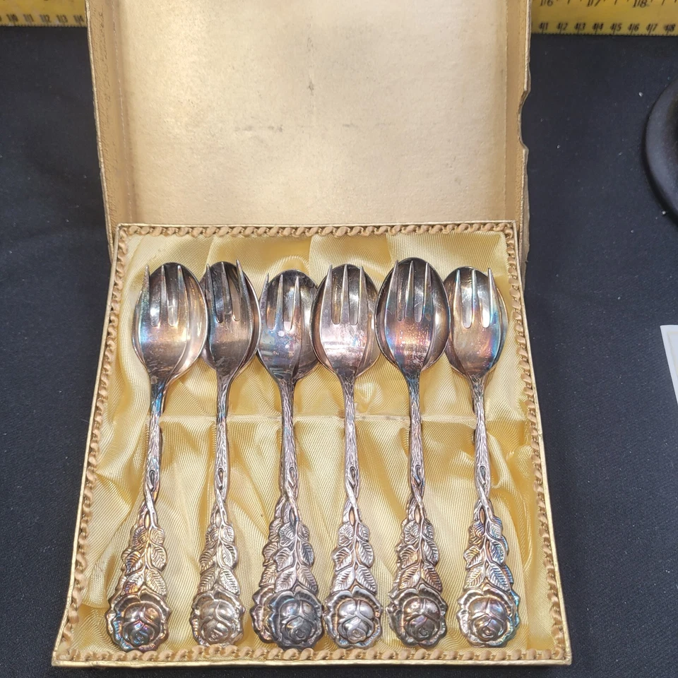 Alemán, Juego de postres plateados, antiguo 12 piezas, 6 cucharas 6 tenedores, en caja,  Foto 3 de 4