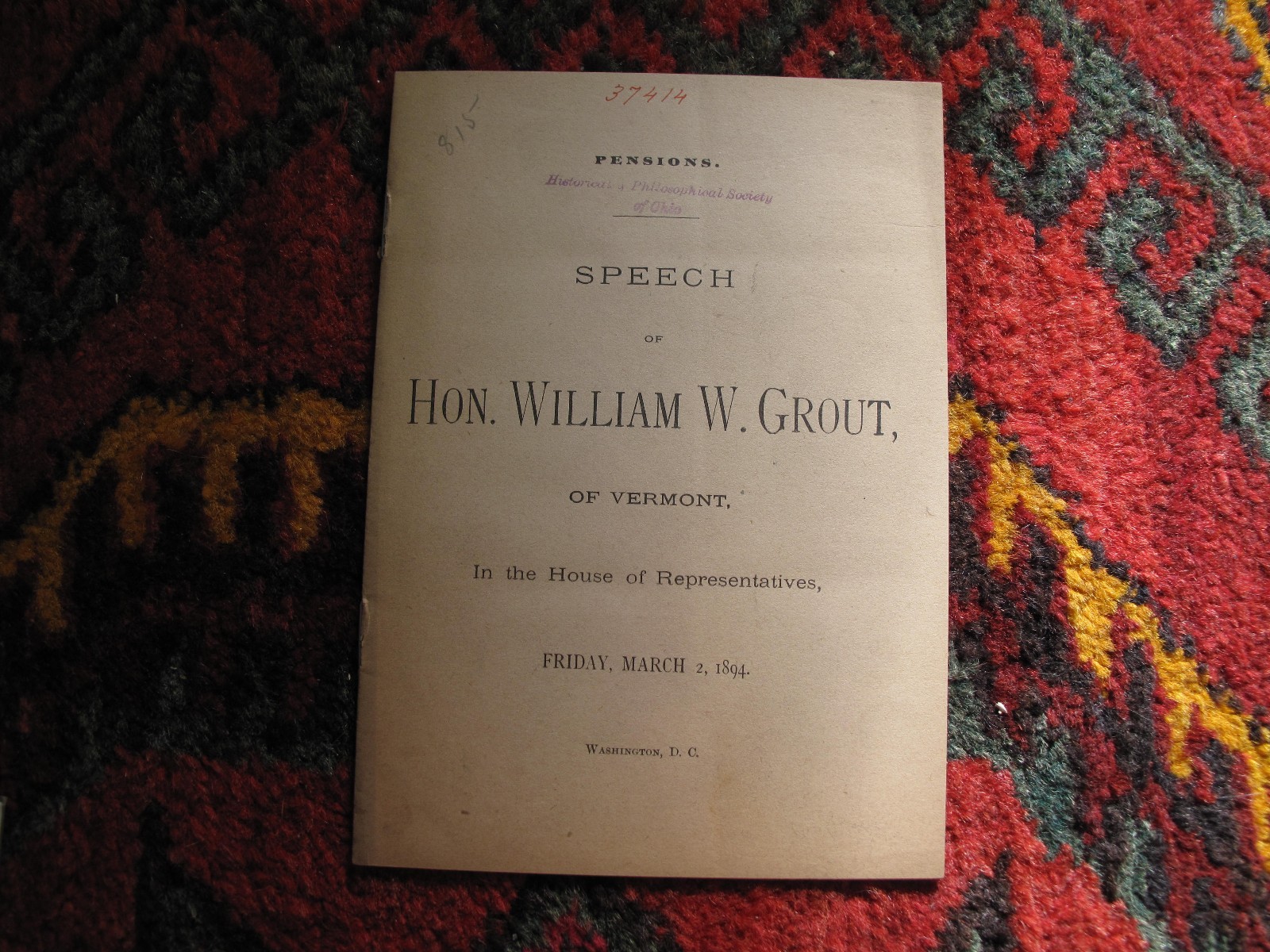 Government Document Pamphlet Speech William W. Grout Vermont US Pensions 1894