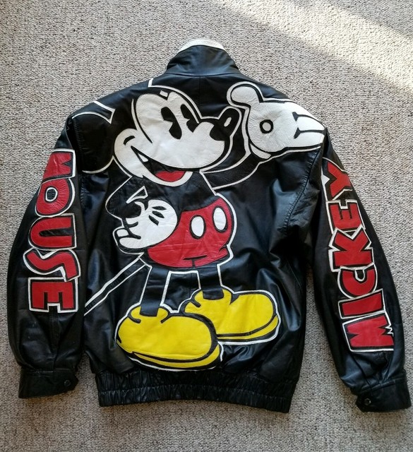 RARE 90s Mickey Mouse Black Leather Bomber Jacket Spell Out Full Back