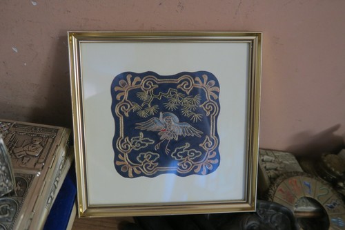  Chinesische Seide Gold Faden Stickerei Handarbeit Phönix 5" - 8" Quadrat gerahmt - Bild 1 von 4