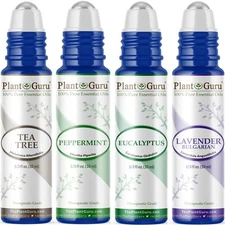 4 pc Essential Oil Roll On Set Pure Lavender, Peppermint, Tea Tree, Eucalyptus 