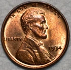 Brilliant Uncirculated 1934-P Lincoln Cent, Fiery, Full-Red specimen.