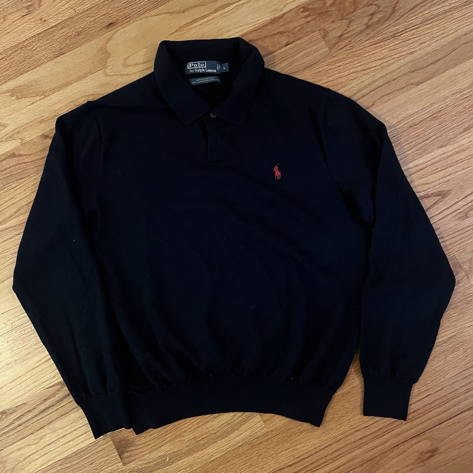 Vintage 90s Polo Ralph Lauren 100% Merino Wool Sweater Shirt Mens L Navy Blue