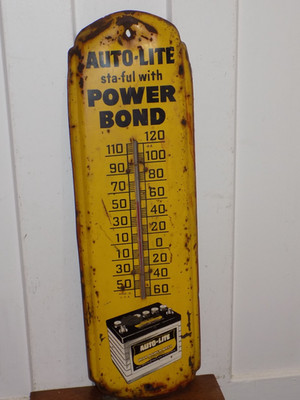 Vintage Auto-Lite Power Bond Battery Metal Thermometer
