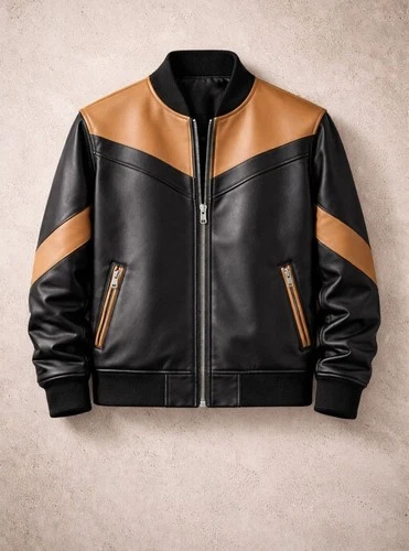 Men's Black Tan Brown Faux Leather Bomber Jacket Two Tone Zip Up Casual Biker Co - product listing photo