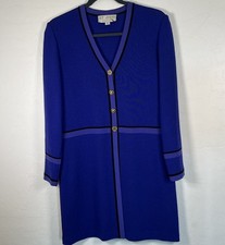 St. John Collection Marie Gray Women  s Long Blazer Blue Purple Sz 6 Gold Buttons