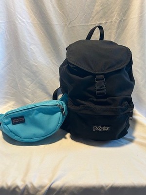 BLACK JANSPORT BACKPACK AND AQUA BLUE FANNY PACK COMBO FOR KIDS OR ADULTS