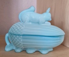 Antique Portieux Vallerysthal Blue Milk Glass Squirrel on Acorn Candy Nut Dish
