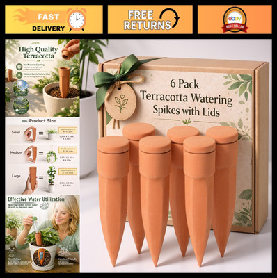 6pcs Large Terracotta Watering Spikes with Lids - Automatic Self-Watering Device
