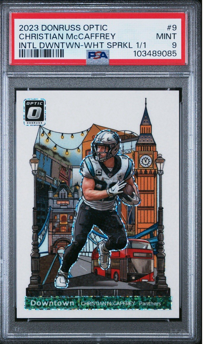 2023 Panini Donruss Optic INTL DOWNTOWN Christian McCaffrey 1/1 White Sparkle