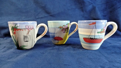 3 Vietri La Fenice Seacoast Pottery Mugs Hand Painted Italy Beach Discontinued