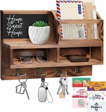 Key Holder Wall Mount, Wooden Mail and Key Organizer with Chalkboard and Mirror