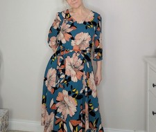 Joe Browns teal green loud floral slit wrap detail midaxi flared v neck dress 14
