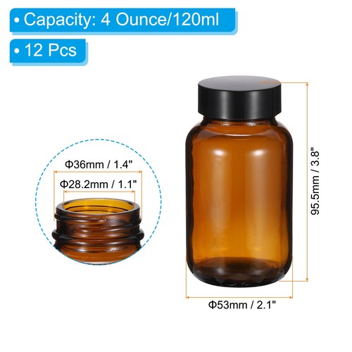 4oz(120ml) Glass Wide Mouth Dispensing Bottle w Black Cap, 12Pcs, Amber ...
