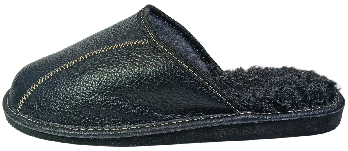 Herren Leder Hausschuhe Schwarz Schafwolle Pantoffeln Schaffell Warme Gr.40-47
