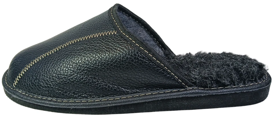 Herren Leder Hausschuhe Schwarz Schafwolle Pantoffeln Schaffell Warme Gr.40-47 - Bild 3 von 4
