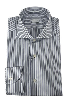 XACUS weiches French Neck Popeline Hemd weiß/blau/blau gestreift
