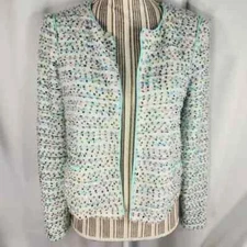 Matty M Seafoam Green Fuzzy White & Multi Dots Open Front Cardigan Size Small