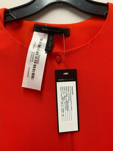 NUEVO CON ETIQUETAS BCBGMAXAZRIA Mono Corto Rojo-Naranja Mangas Largas Con Botones Plisados - Imagen 9 de 9