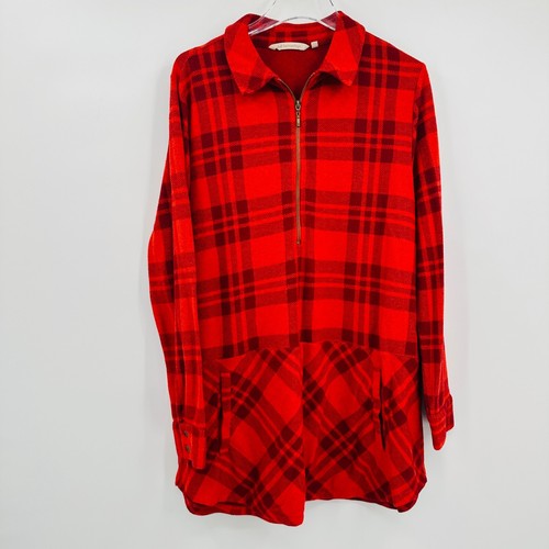 Soft Surroundings Size Large Red Plaid Kymani Flannel Tunic Top Long Sleeve Zip - Picture 4 of 7