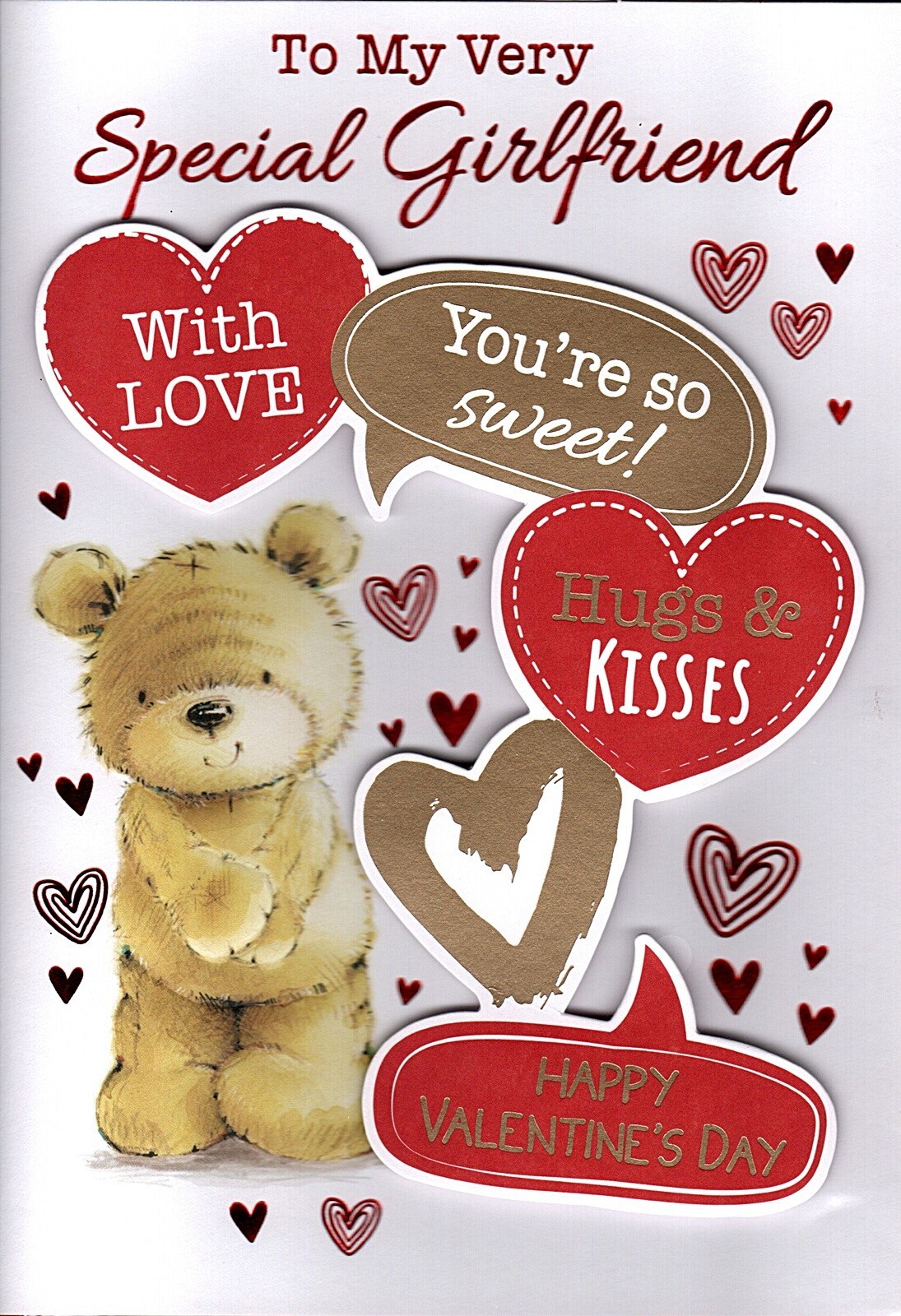 Happy Valentine's Day Card Special Girlfriend Cute Bear Hugs and Kisses Foil