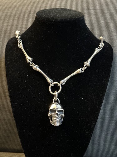 Solid Sterling Silver Mens Heavy Skull Bone Pendant Necklace 55cm 134g up - Picture 4 of 11