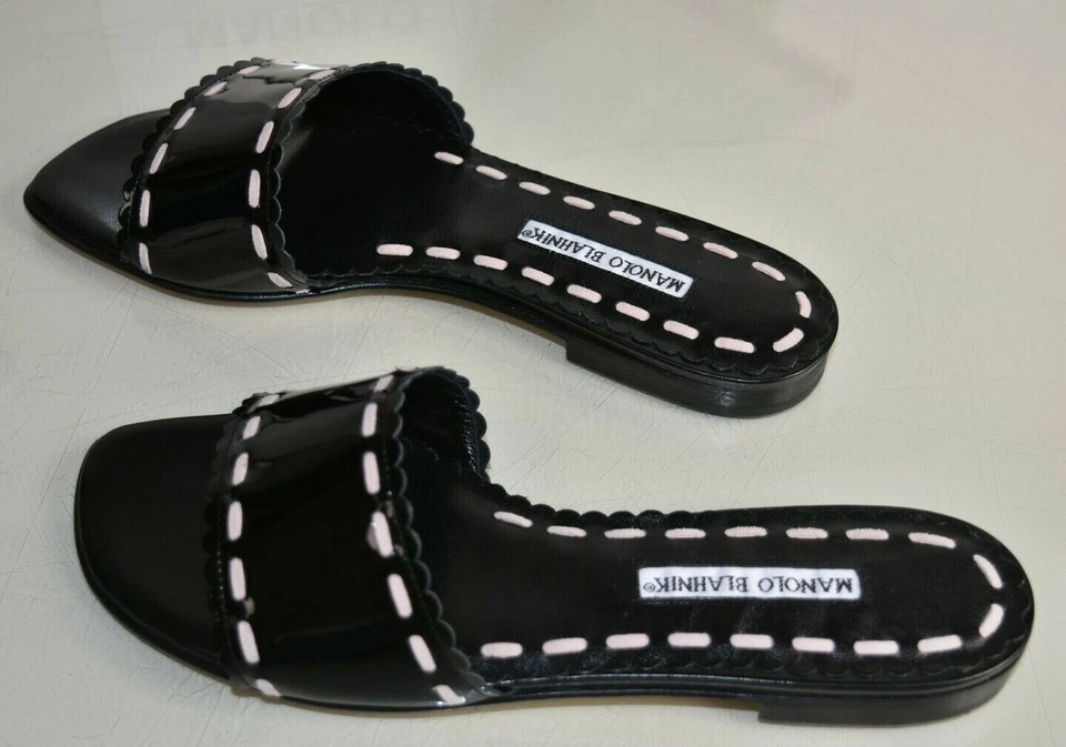 NUEVO Manolo Blahnik FALCO Slides Charol NEGRO ROSA Sandalias Zapatos Planos 41 Foto 4 de 4