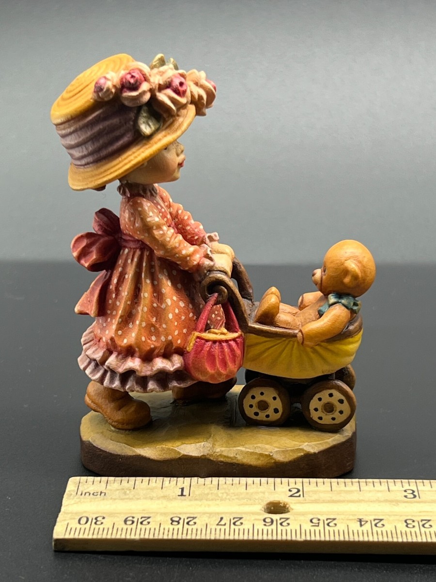 ANRI ITALY Hand Carved Painted Figurine Little Nanny Girl Stroller