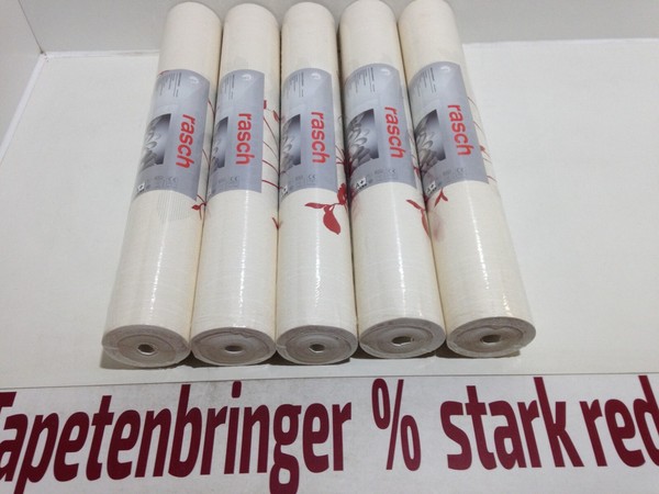 Vliestapete Rasch 5X 776034 (5Rollen) Creme Rot Uni BläTtermuster Restposten-image