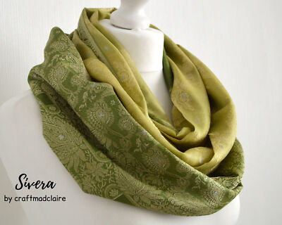 Green Brocade Silk Loop Scarf Silk Infinity Scarf Sari Silk