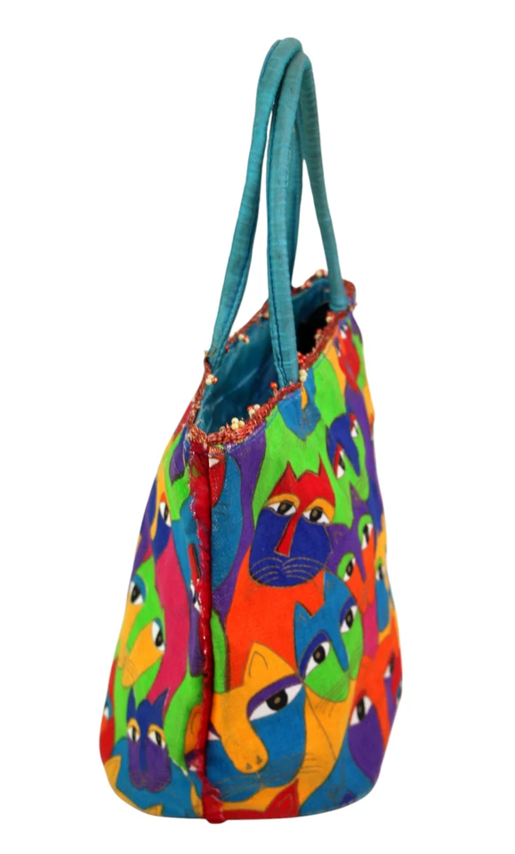 Laurel Burch 多色棉帆布 KAT 蓝色手柄软垫手提包 — 第 4/4 张图片