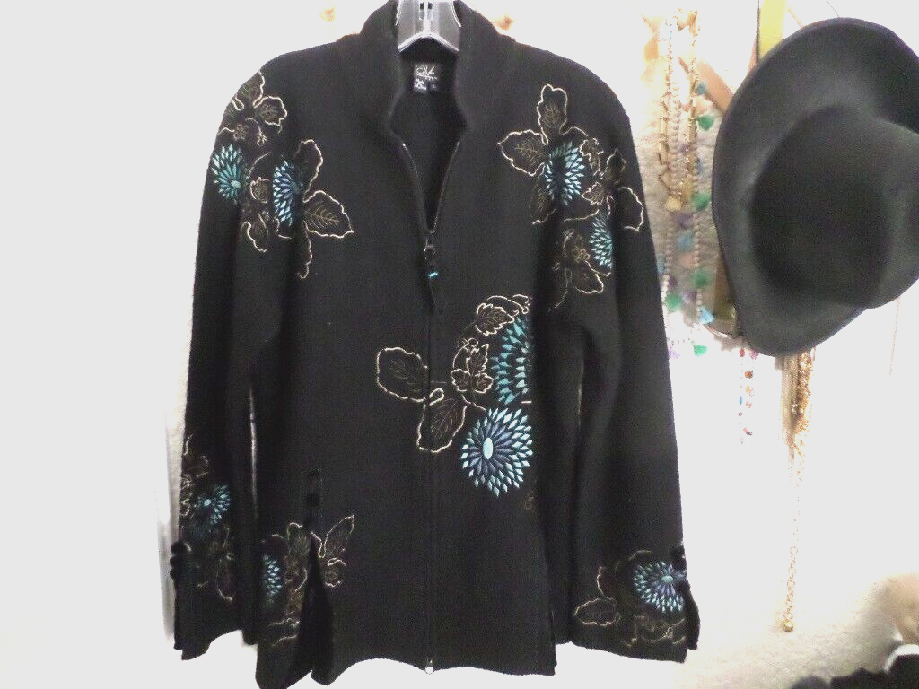 CoVelo Clothing Black Wool Jacket Embroidered with Velvet Trim Sz L eBay