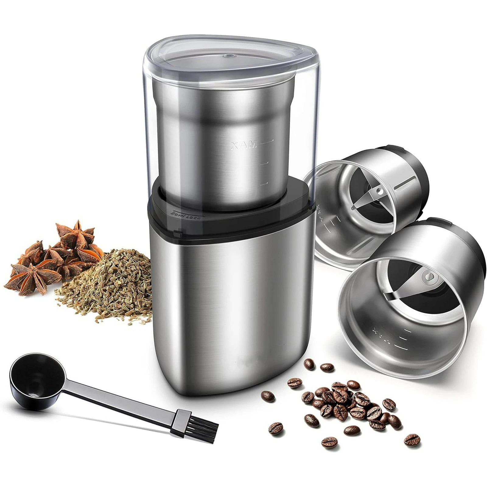 NEW Coffee Grinder Electric Herb/Wet for Spices and Seeds with 2 Removable Bowls