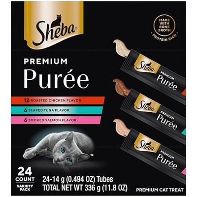 Sheba Premium Puree Cat Treats, Chicken, Salmon, Tuna Flavors, 24 Tubes