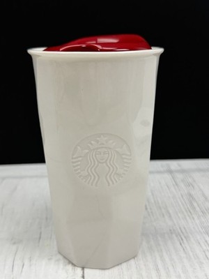 2013 Starbucks Faceted White Ceramic Double Wall 10oz Travel Tumbler Mug Red Lid