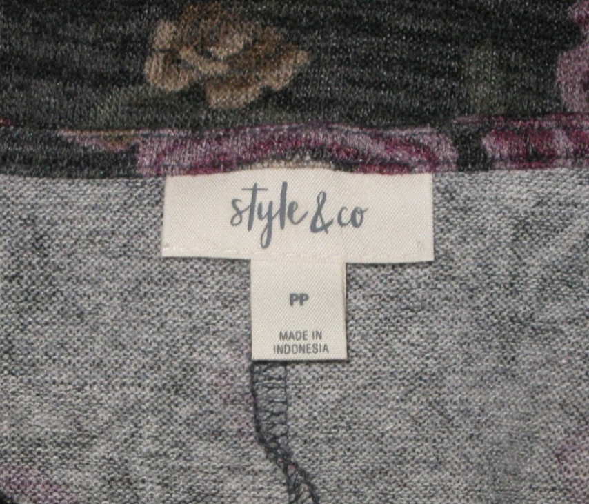 Style & Co Petite Black Floral Lantern Sleeve Top Size PP NWT