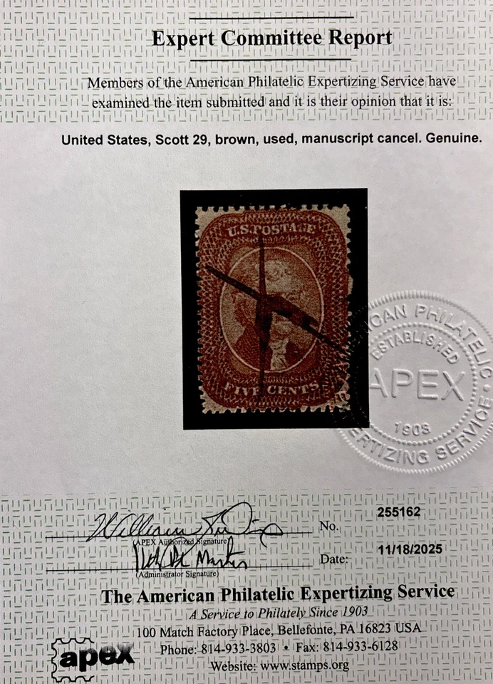 US Stamp, 1859 5c ,Scott #29, APEX Cert., brown, used, CV $700 - Image 3 of 3