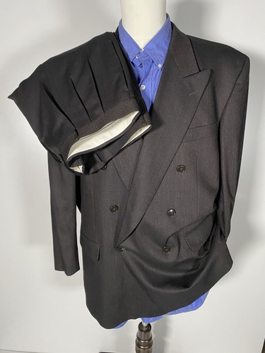 Perry Ellis, Vintage Perry Ellis 46L 2pc Brown Hopsack Double Breasted Suit Jacket Pant W43