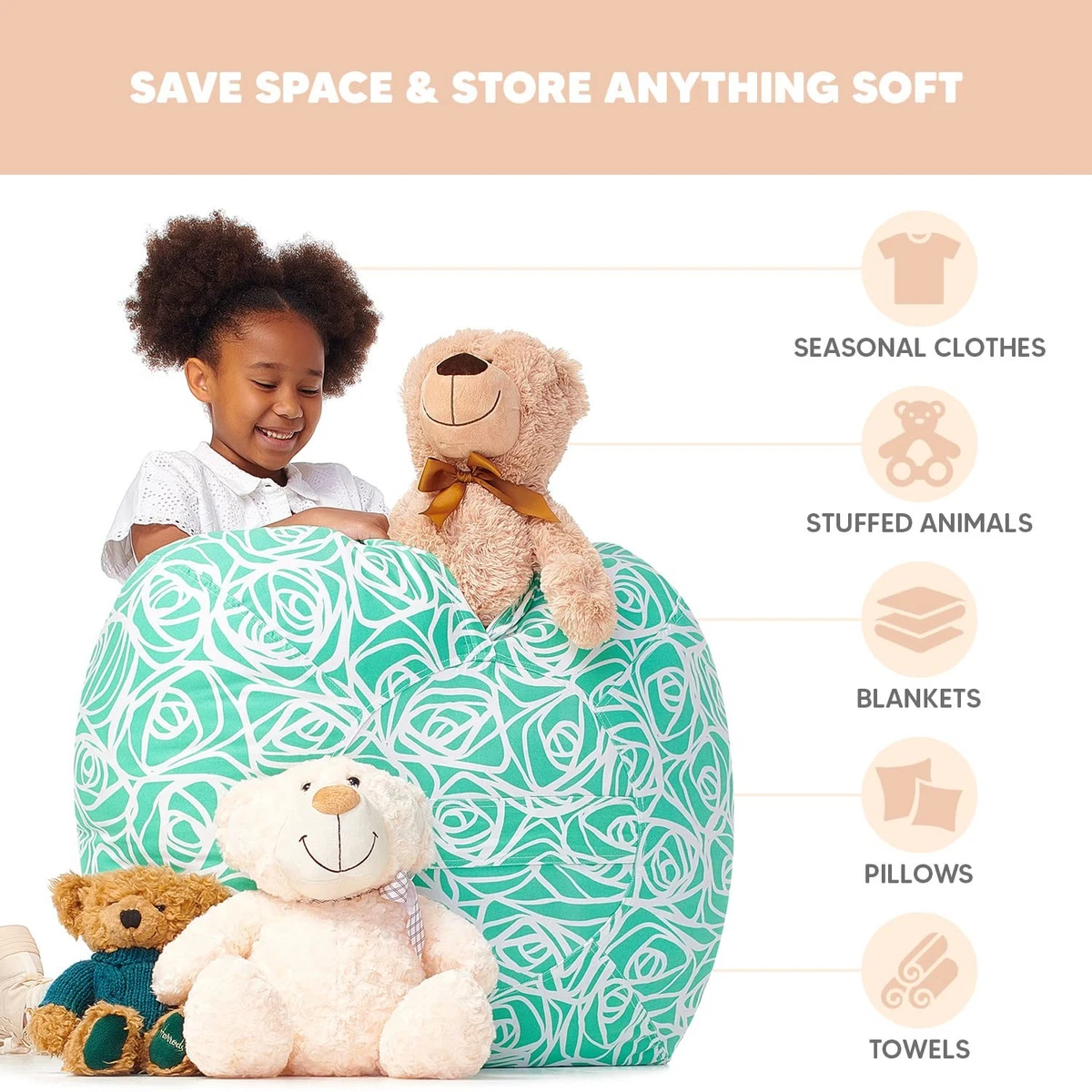 Kids Bean Bag - COVER ONLY - Stuffed Animal Storage - Beanbag Chairs for Kids
