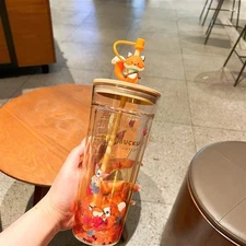 Starbucks Autumn Fox Maple Leaf Cup Tumbler Straw Dust Stopper