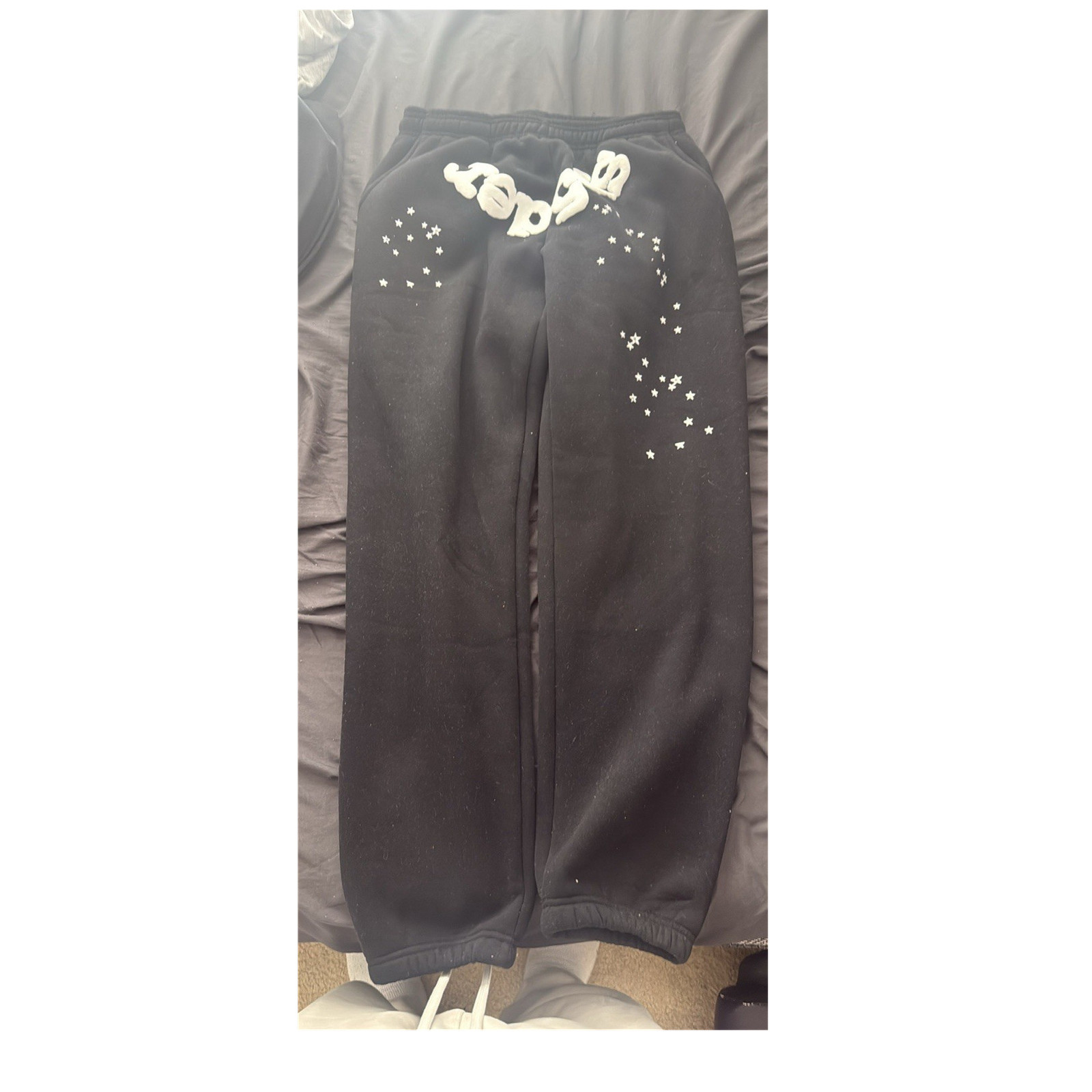 sp5der XL Black Men's Sweatpants Stars Pattern Fleece Drawstring Tapered Leg