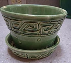 Vtg McCoy Pottery Green Greek Key Hobnail Planter 4 " Attached Saucer MCM